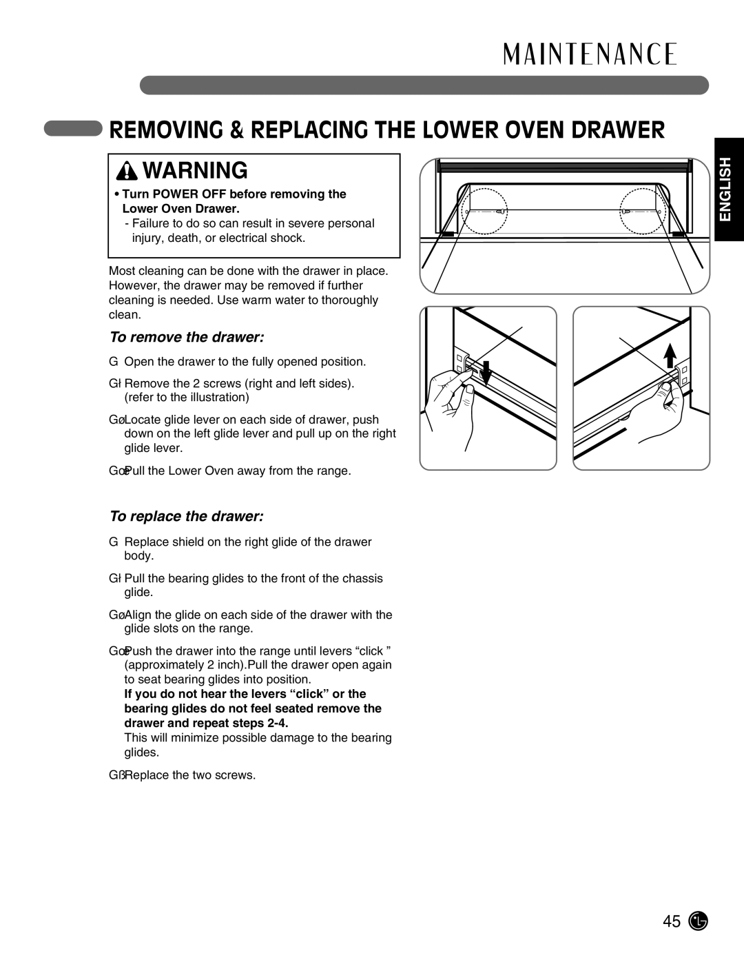 LG Electronics LSE3092ST manual Removing & Replacing the Lower Oven Drawer, To remove the drawer, To replace the drawer 