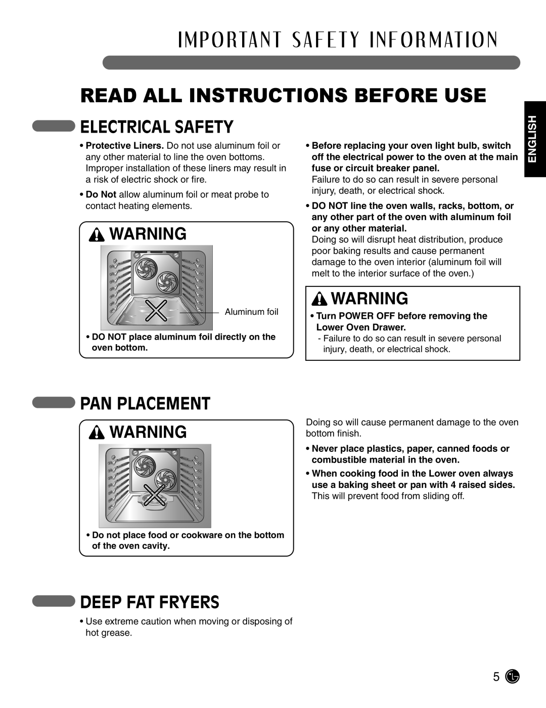 LG Electronics LSE3092ST manual Electrical Safety, PAN Placement, Deep FAT Fryers 