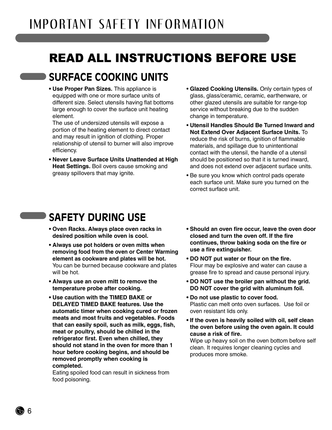 LG Electronics LSE3092ST manual Surface Cooking Units, Safety During USE 