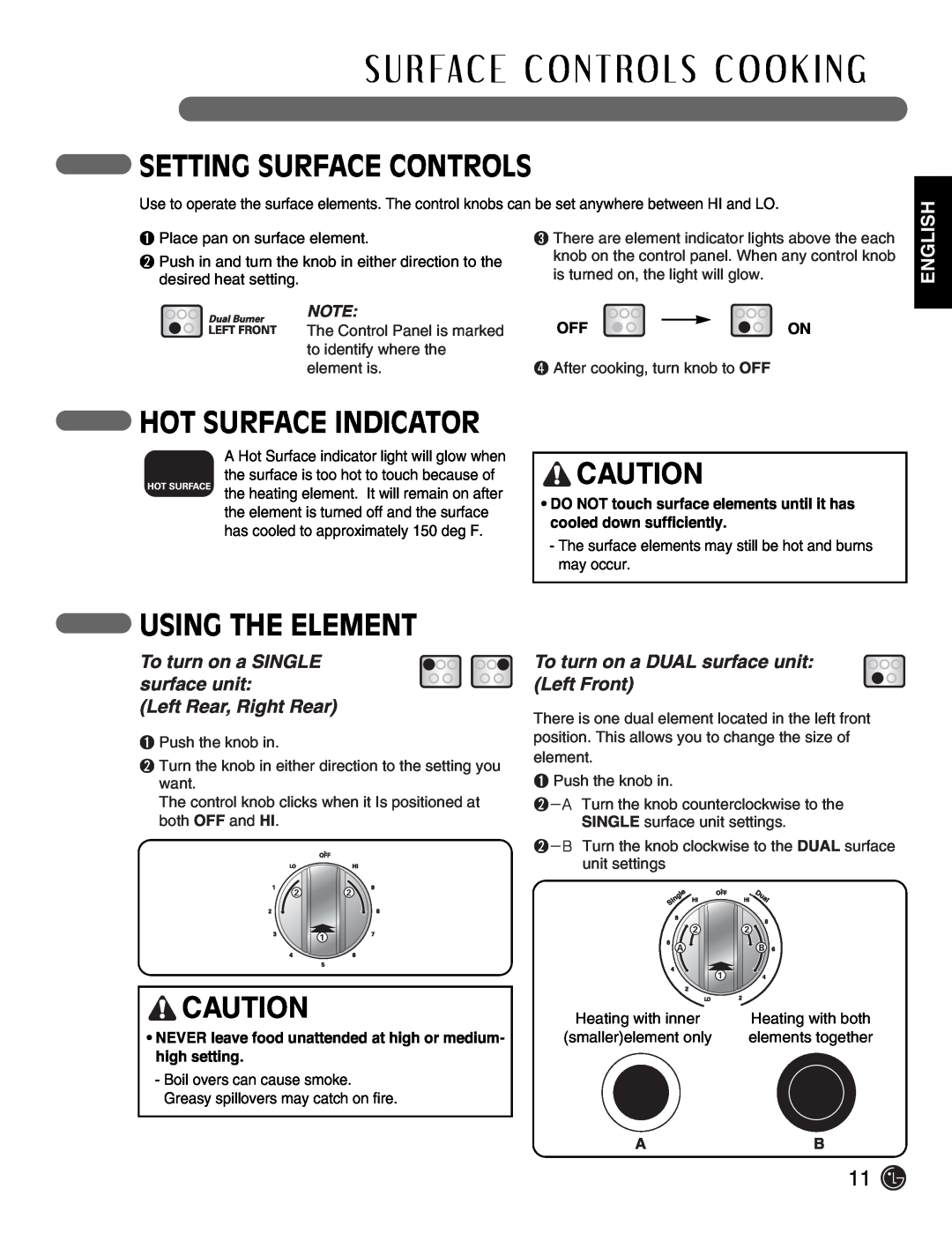 LG Electronics LSE3092ST manual Setting Surface Controls, Hot Surface Indicator, Using The Element, English 