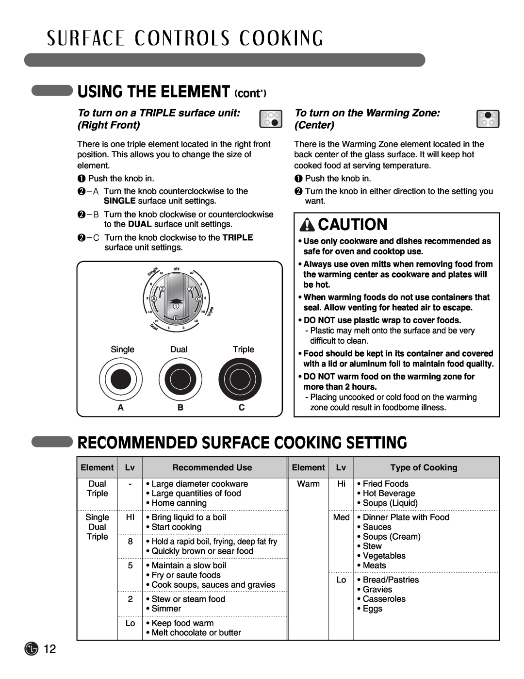 LG Electronics LSE3092ST USING THE ELEMENT cont, Recommended Surface Cooking Setting, To turn on the Warming Zone Center 
