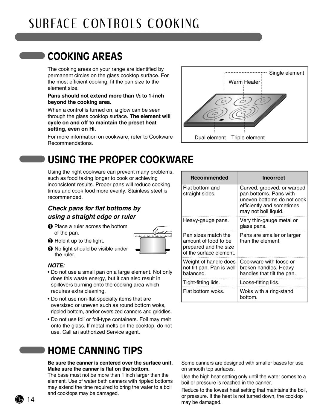 LG Electronics LSE3092ST manual Cooking Areas, Using The Proper Cookware, Home Canning Tips 