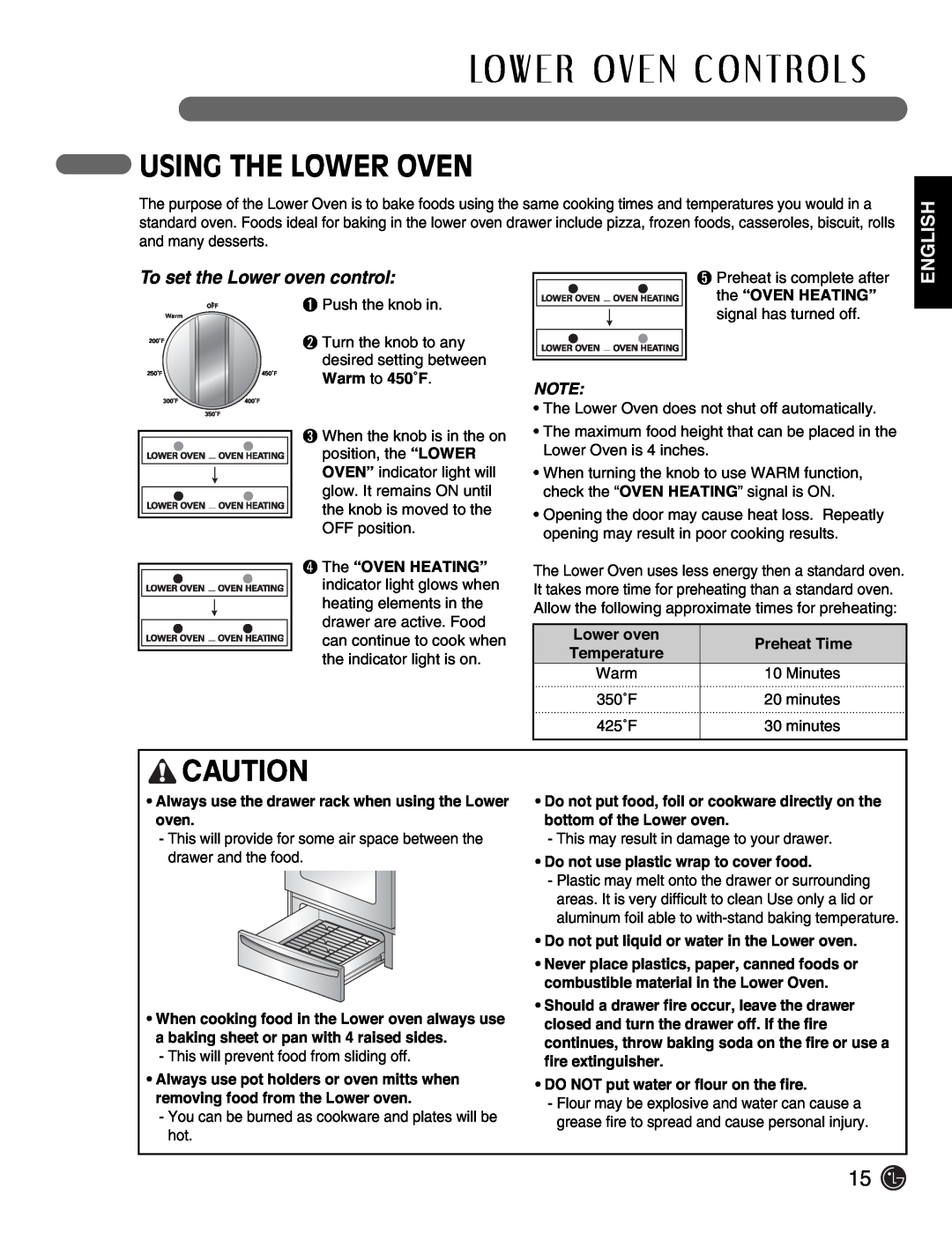 LG Electronics LSE3092ST Lo W E R O V E N C O N T Ro L S, Using The Lower Oven, To set the Lower oven control, English 