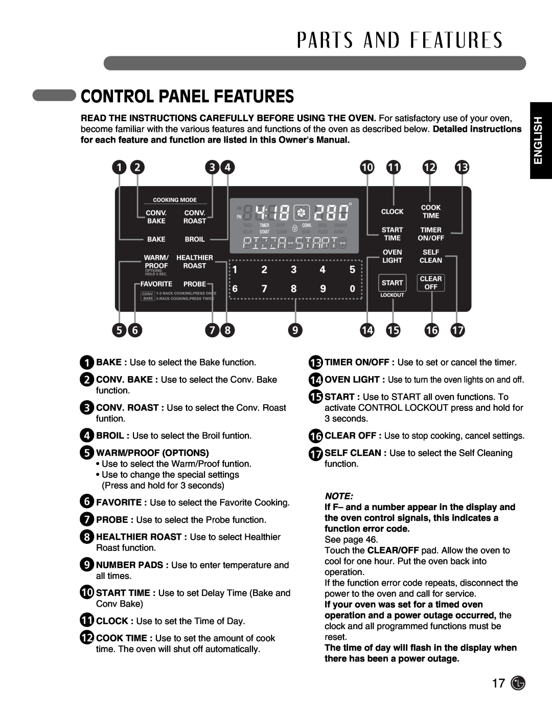 LG Electronics LSE3092ST manual Pa Rt S A N D F E At U R E S, Control Panel Features, English 