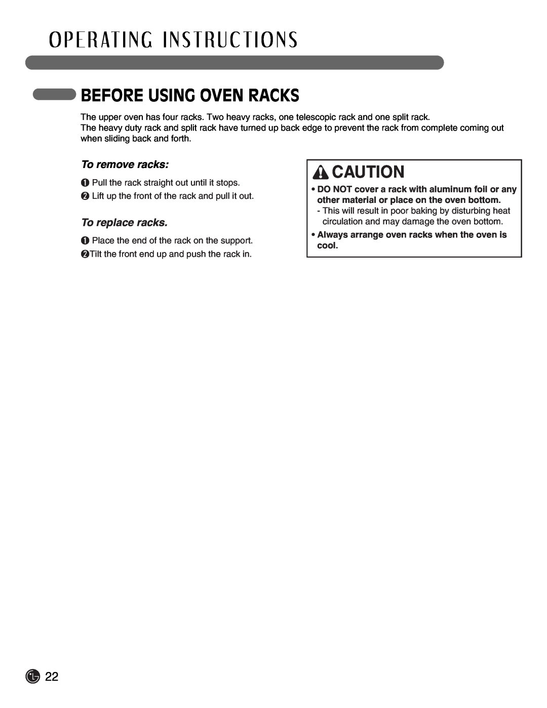 LG Electronics LSE3092ST manual Before Using Oven Racks, To remove racks, To replace racks 