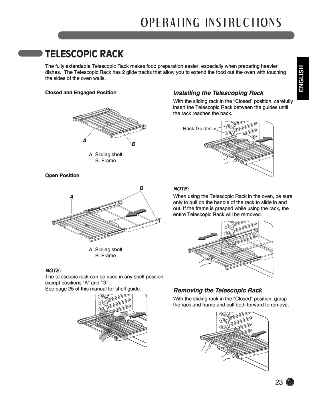 LG Electronics LSE3092ST manual Installing the Telescoping Rack, Removing the Telescopic Rack, English 