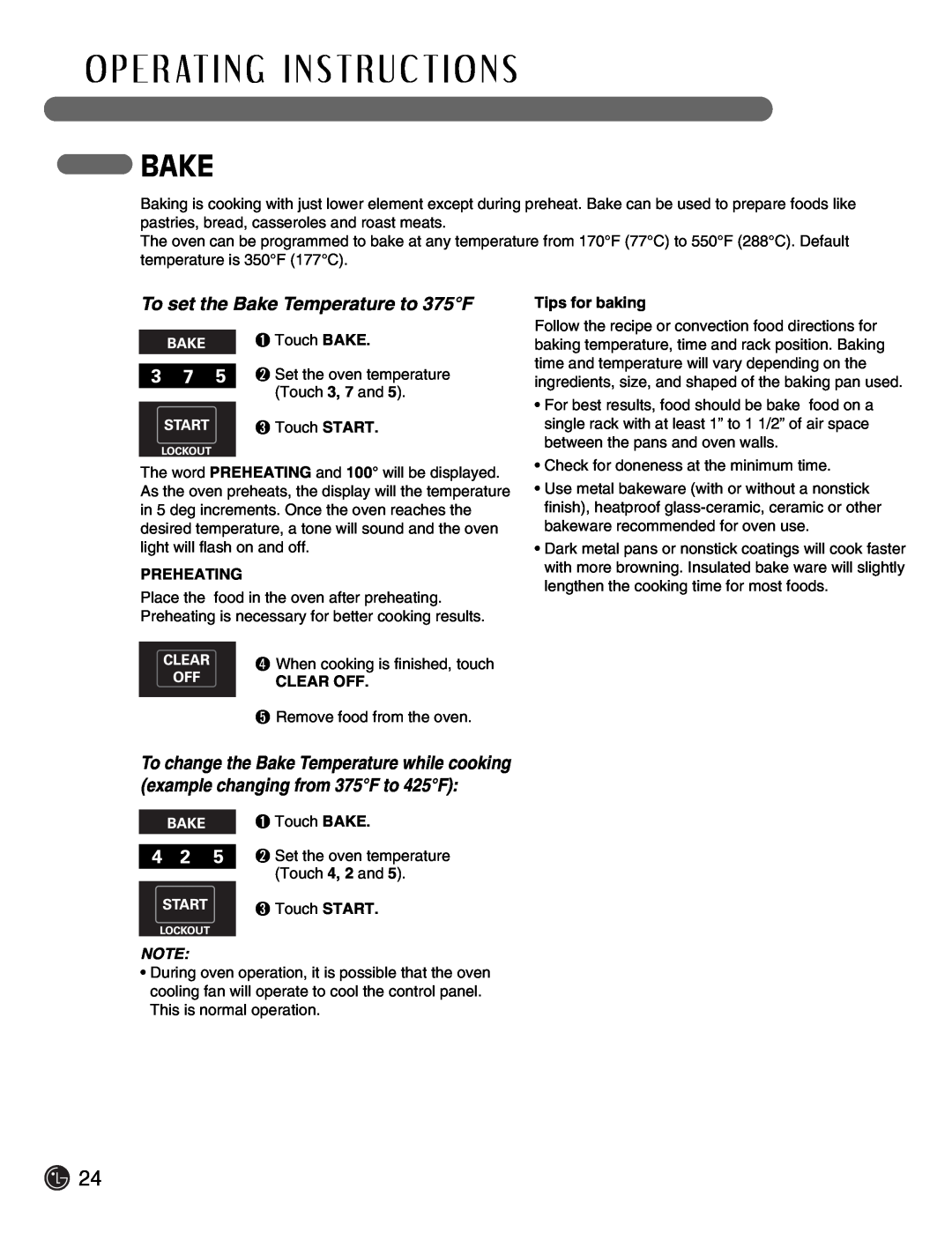 LG Electronics LSE3092ST manual To set the Bake Temperature to 375F, O P E R At I N G I N S T R U C T I O N S 