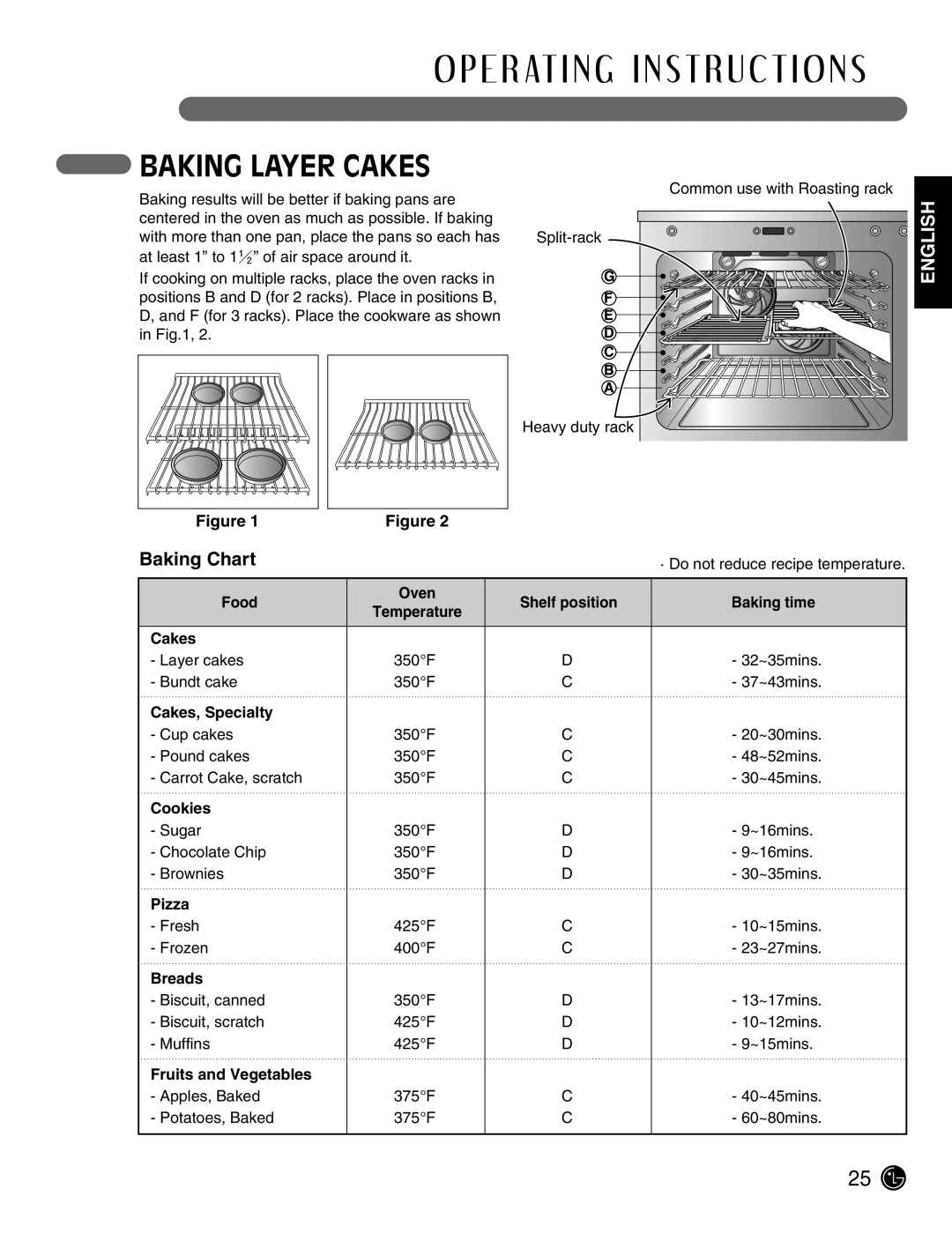 LG Electronics LSE3092ST manual Baking Layer Cakes, Baking Chart, O P E R At I N G I N S T R U C T I O N S, English 