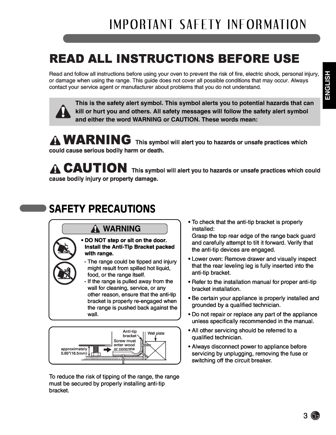 LG Electronics LSE3092ST manual Read All Instructions Before Use, Safety Precautions, English 