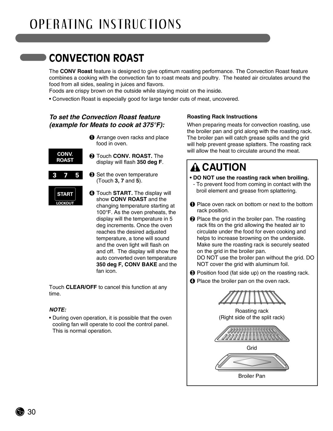 LG Electronics LSE3092ST manual To set the Convection Roast feature example for Meats to cook at 375F 
