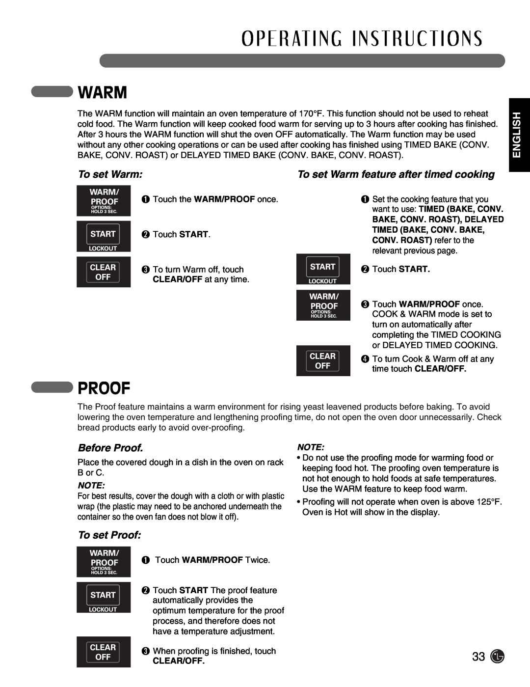 LG Electronics LSE3092ST manual To set Warm feature after timed cooking, Before Proof, To set Proof, English 