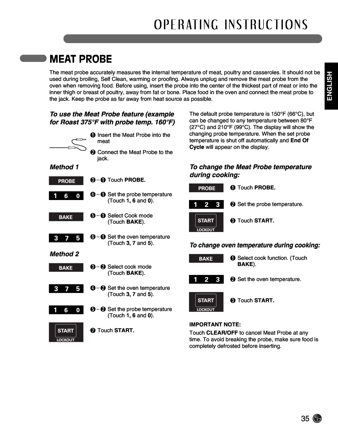 LG Electronics LSE3092ST manual Method, To change the Meat Probe temperature during cooking, English 