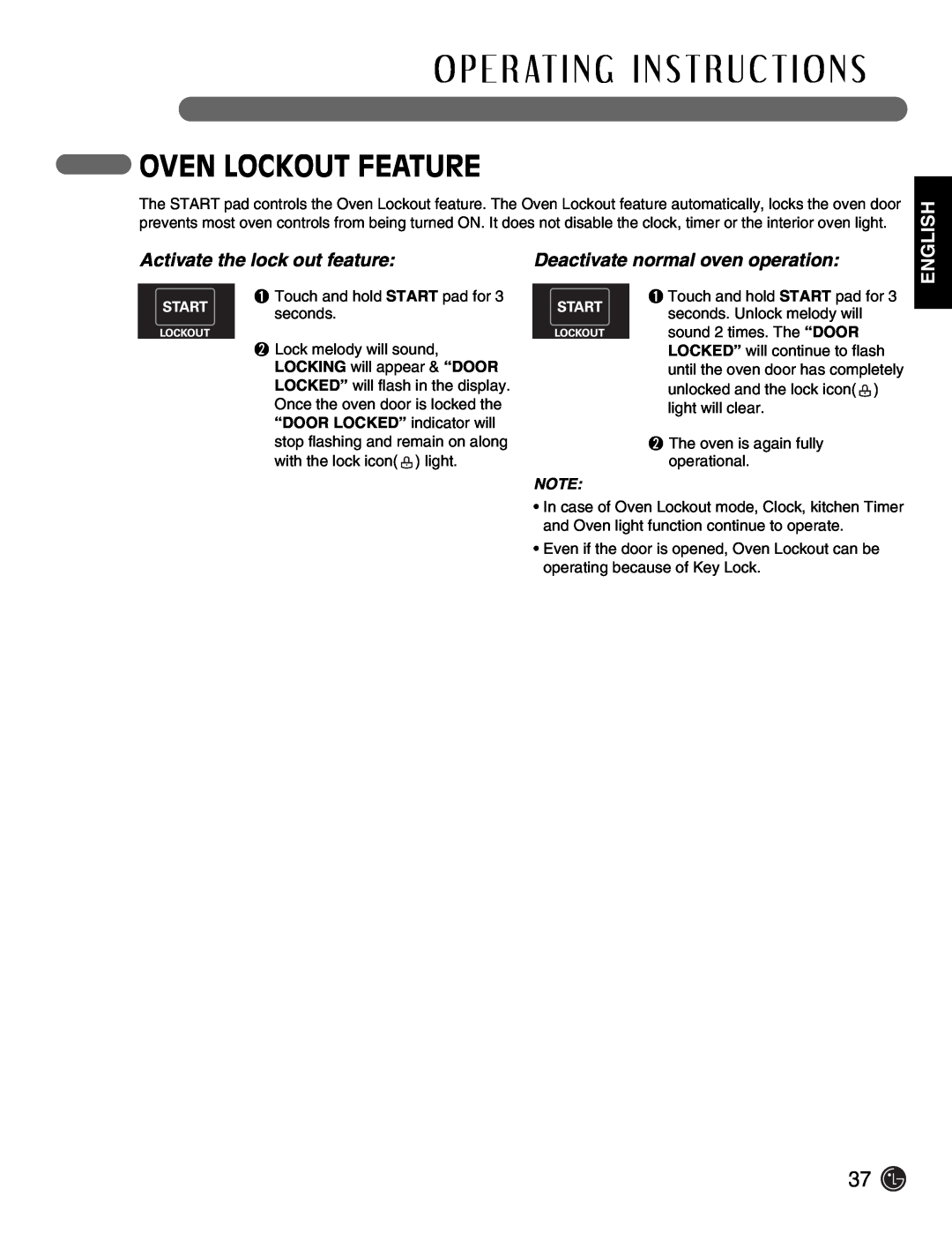 LG Electronics LSE3092ST Oven Lockout Feature, Activate the lock out feature, Deactivate normal oven operation, English 
