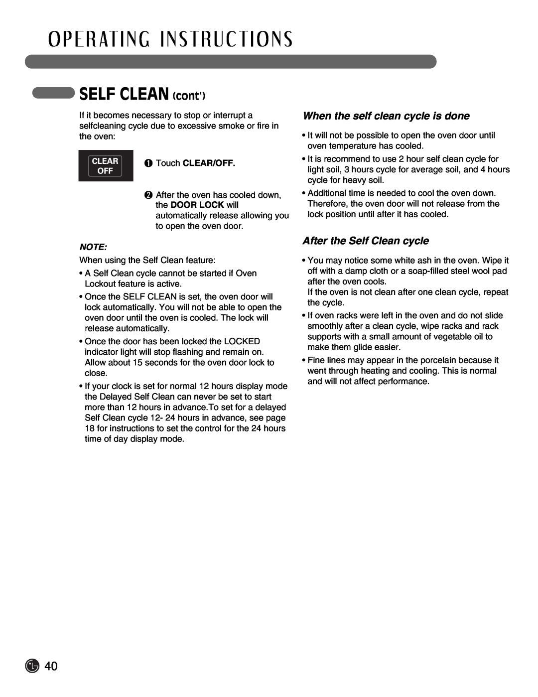 LG Electronics LSE3092ST When the self clean cycle is done, After the Self Clean cycle, SELF CLEAN cont, Touch CLEAR/OFF 