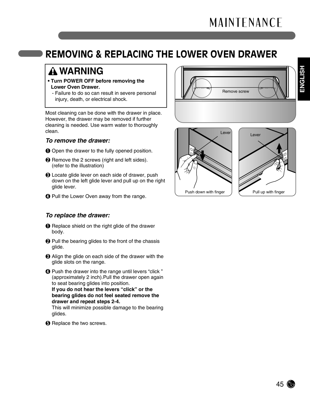 LG Electronics LSE3092ST manual M A I N T E N A N C E, Removing & Replacing The Lower Oven Drawer, To remove the drawer 