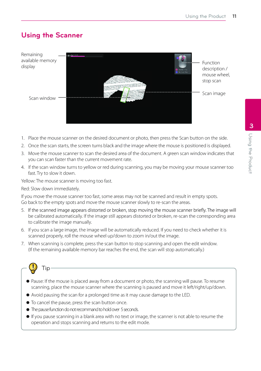 LG Electronics LSM-100 owner manual Using the Scanner, Remaining available memory display Scan window, Scan image 