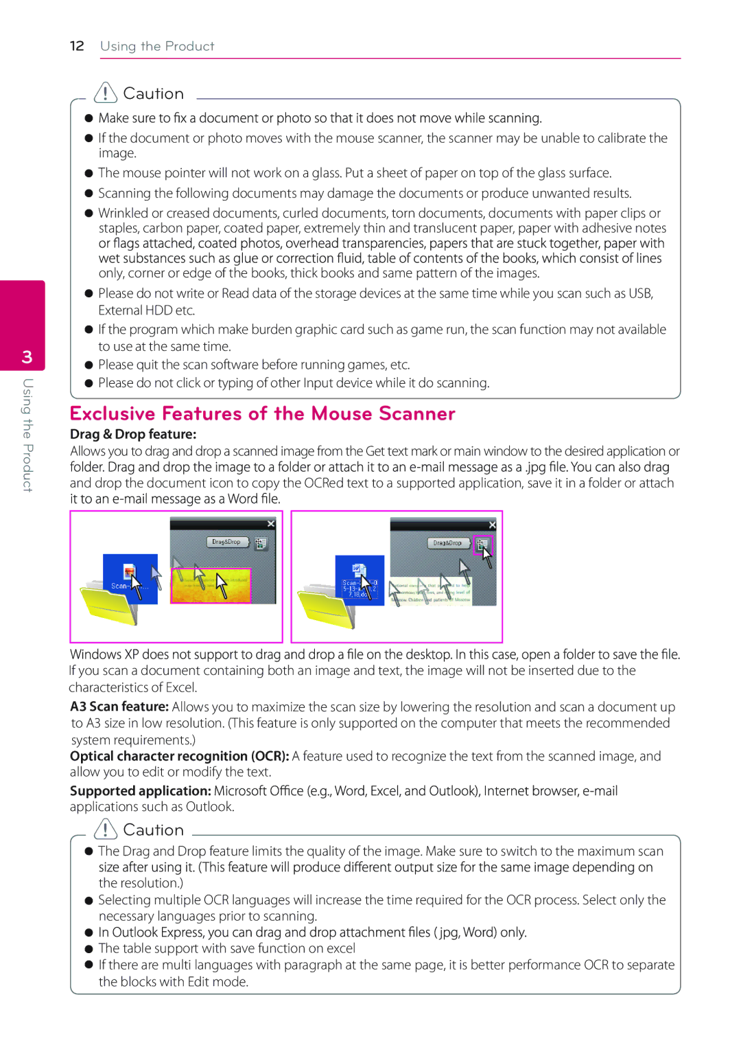 LG Electronics LSM-100 owner manual Exclusive Features of the Mouse Scanner, Drag & Drop feature 