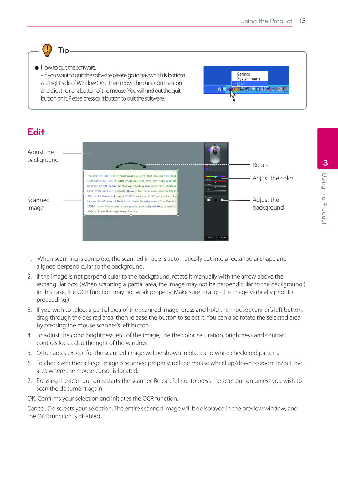 LG Electronics LSM-100 owner manual Edit, Howtoquitthesoftware, Adjust the background Rotate 