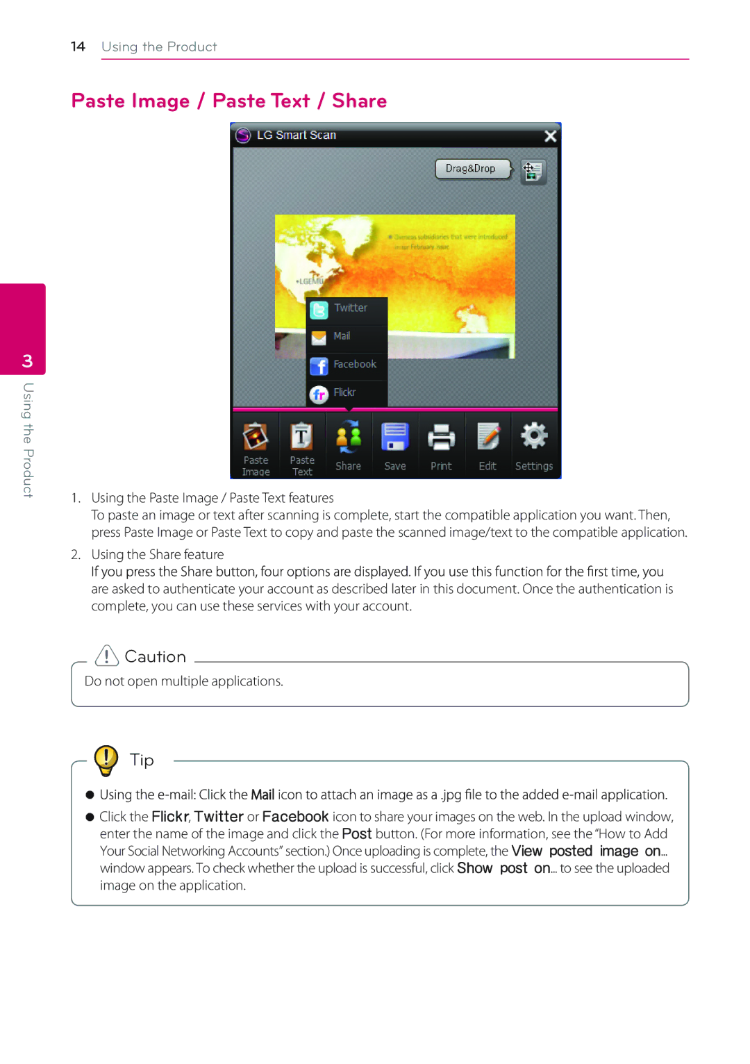 LG Electronics LSM-100 owner manual Paste Image / Paste Text / Share, Using the Paste Image / Paste Text features 