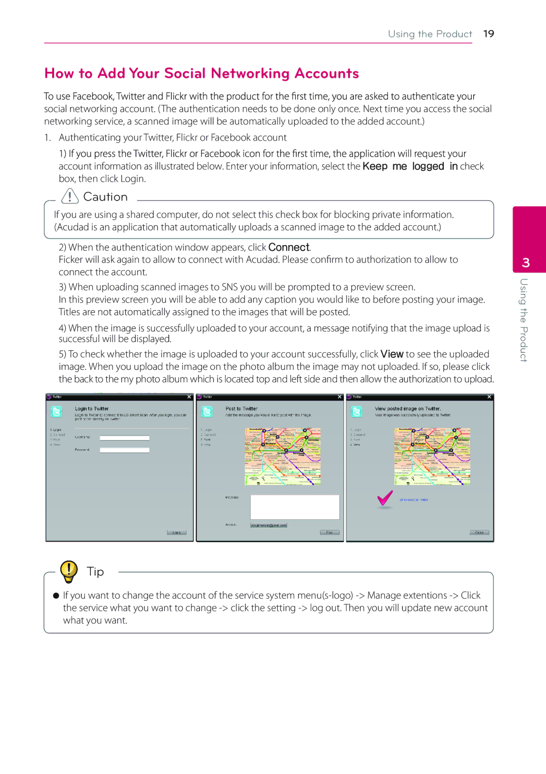 LG Electronics LSM-100 owner manual How to Add Your Social Networking Accounts 