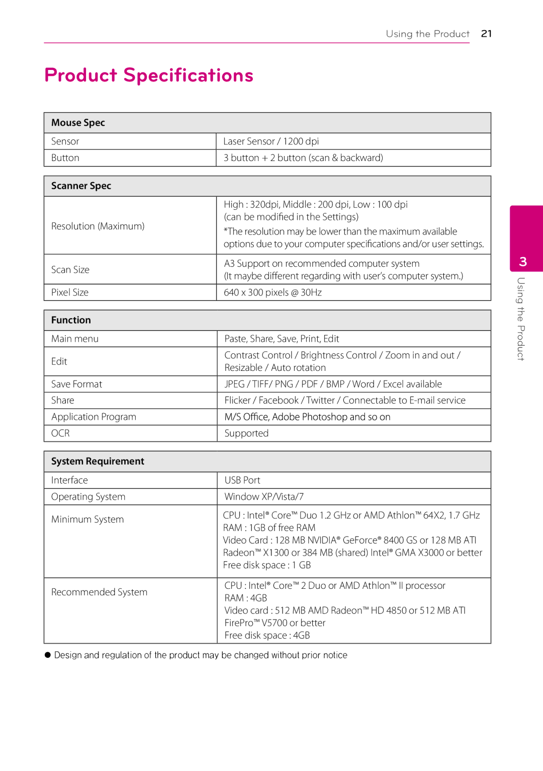 LG Electronics LSM-100 owner manual Product Speciﬁcations 