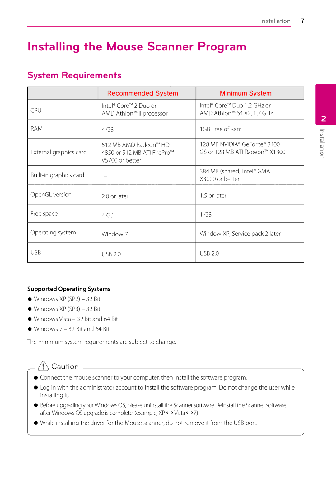 LG Electronics LSM-100 owner manual Installing the Mouse Scanner Program, System Requirements, 1GB Free of Ram, Usb 