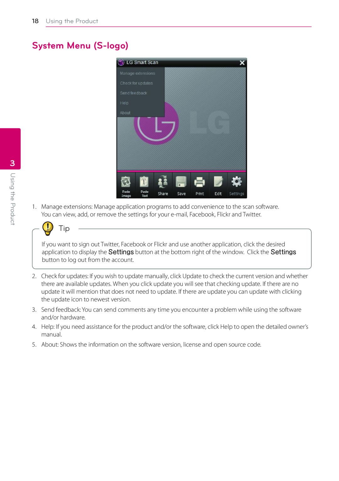 LG Electronics LSM-100 owner manual System Menu S-logo, Using the Product 