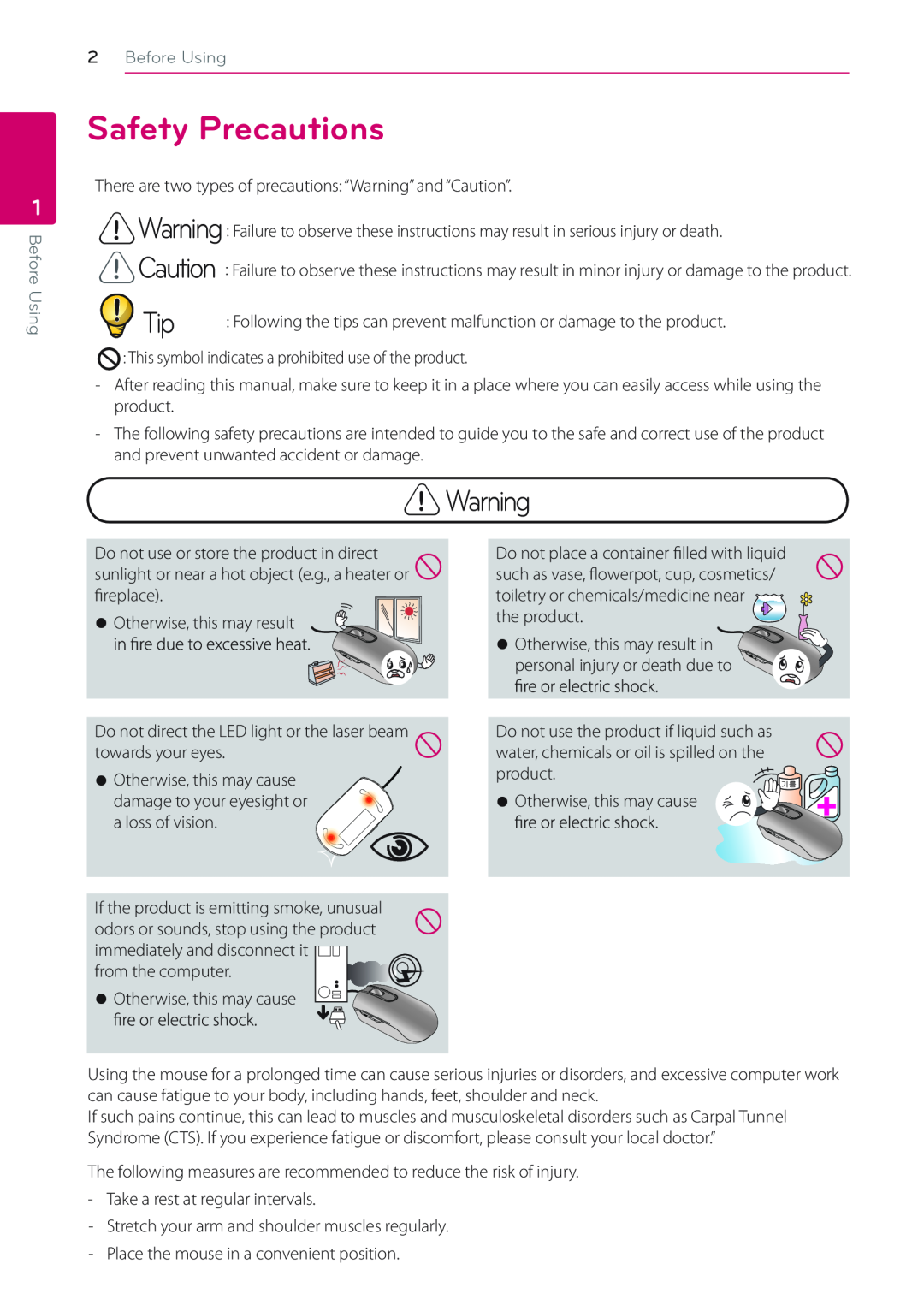 LG Electronics LSM-100 owner manual Safety Precautions, Caution Tip, Before Using 