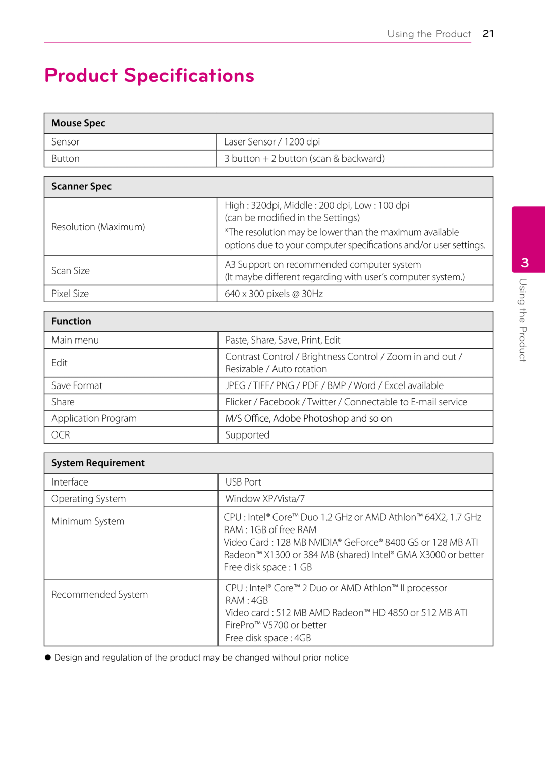 LG Electronics LSM-100 Product Speciﬁcations, Using the Product, Mouse Spec, Scanner Spec, Function, System Requirement 