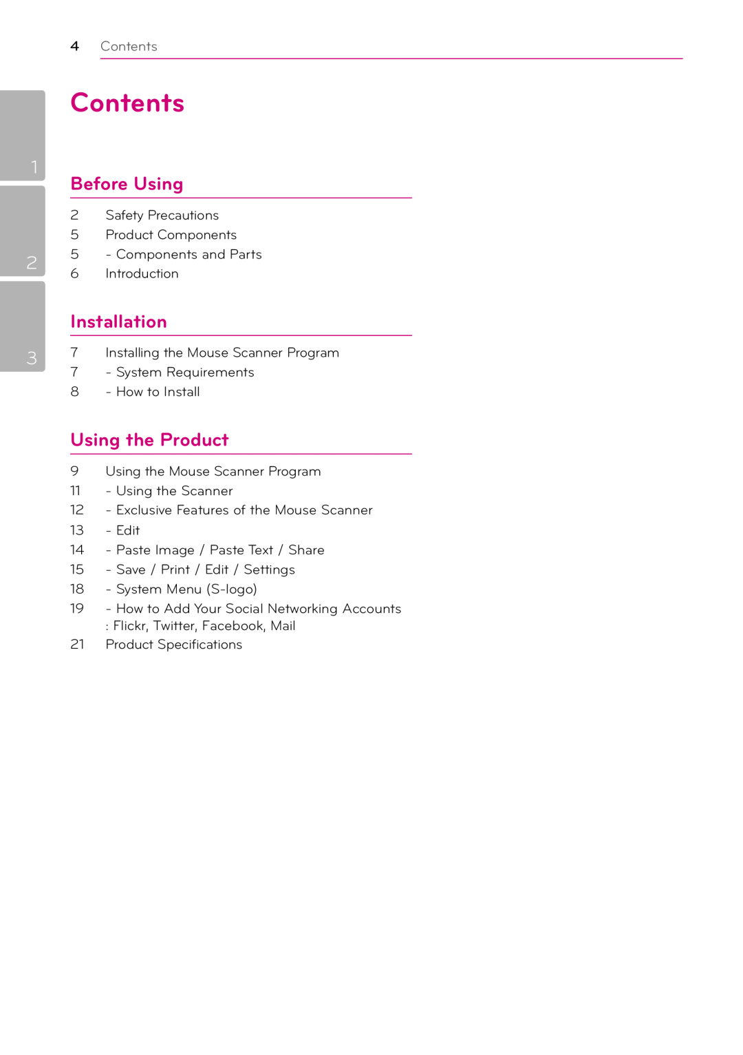 LG Electronics LSM-100 owner manual Contents, Before Using, Installation, Using the Product 