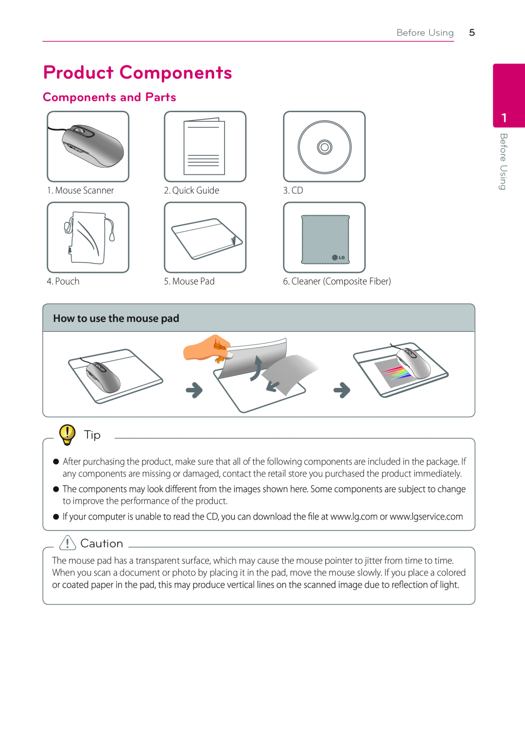 LG Electronics LSM-100 owner manual Product Components, Components and Parts, How to use the mouse pad, Before Using 