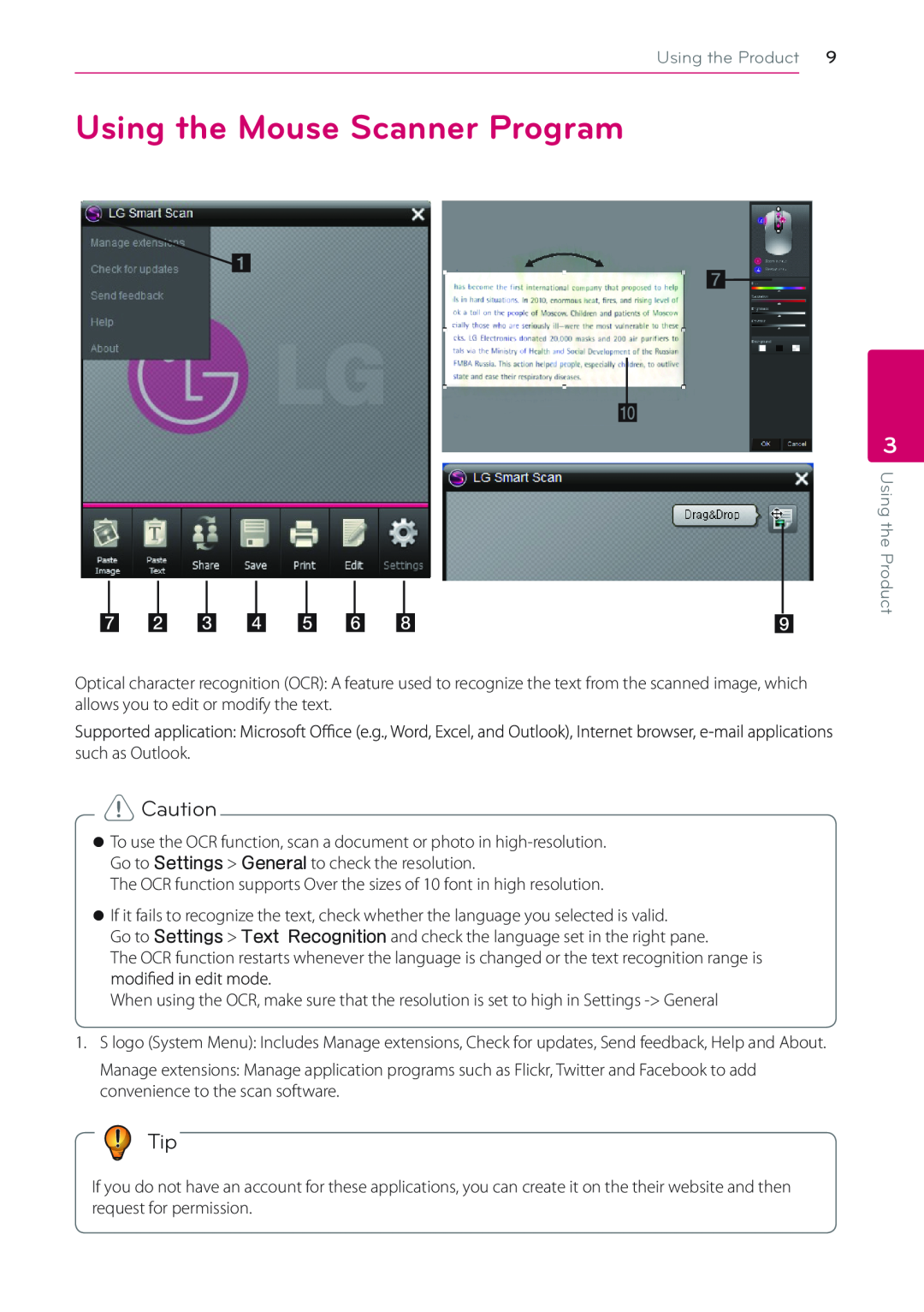 LG Electronics LSM-100 owner manual Using the Mouse Scanner Program, Using the Product 