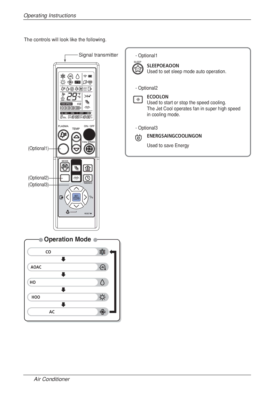 LG Electronics LSU-HSV2, LSN, HV2 owner manual Used to set sleep mode auto operation Optional2, Used to save Energy 