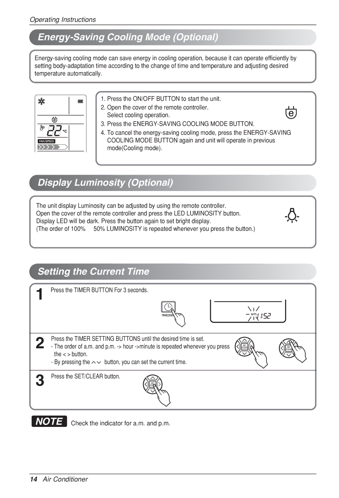 LG Electronics HV2, LSN Energy-Saving Cooling Mode Optional, Display Luminosity Optional, Setting the Current Time 