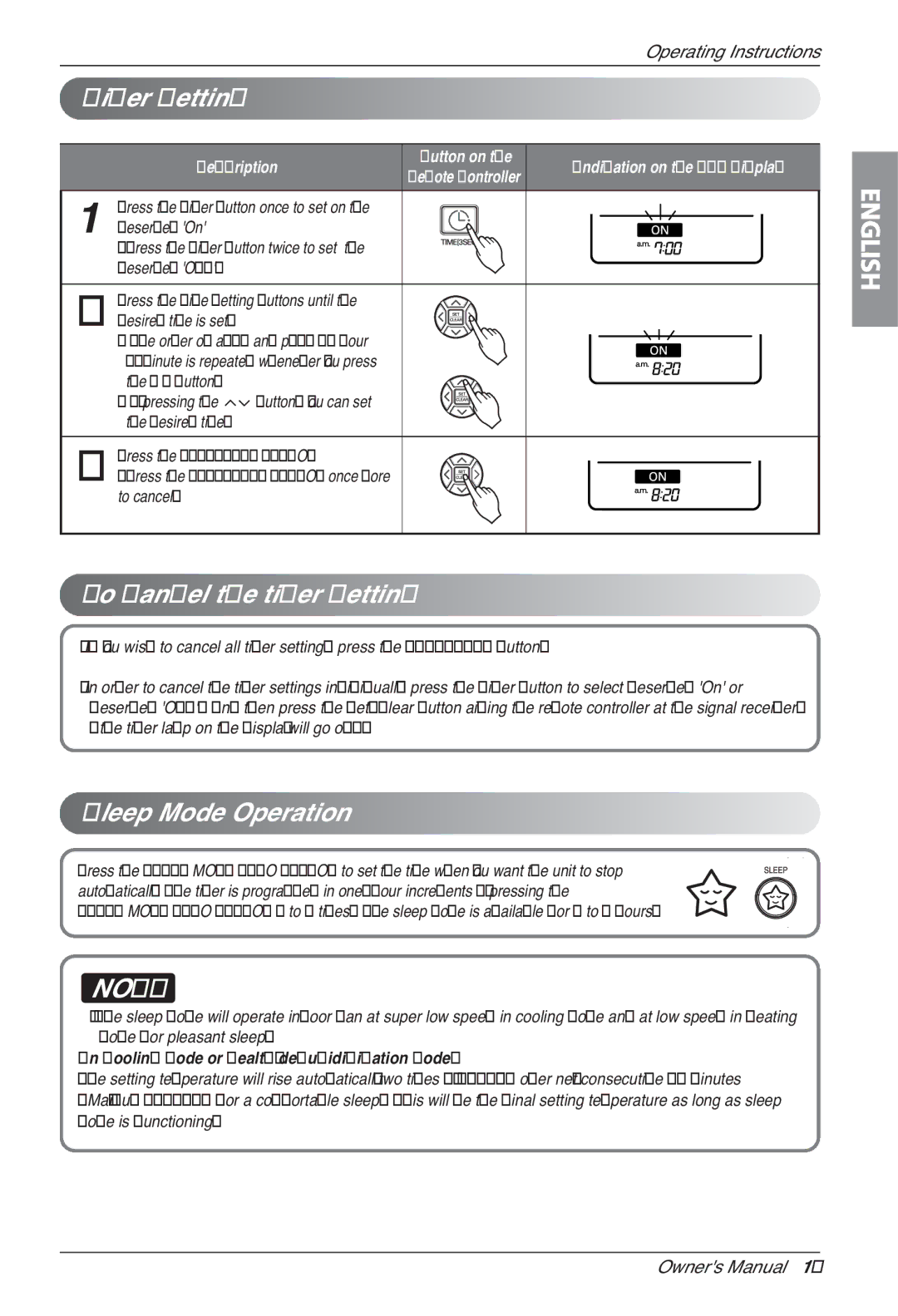 LG Electronics LSN, LSU-HSV2, HV2 owner manual Timer Setting, To cancel the timer setting, Sleep Mode Operation 