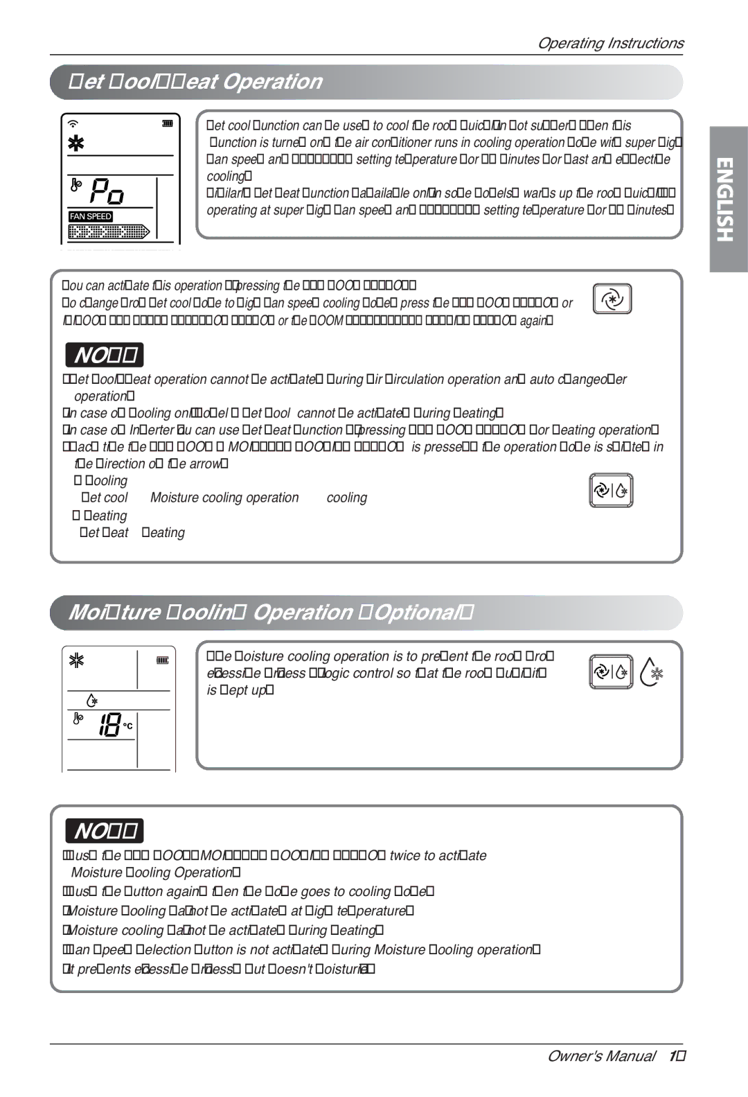 LG Electronics HV2, LSN, LSU-HSV2 owner manual Jet Cool/Heat Operation, Moisture Cooling Operation Optional 