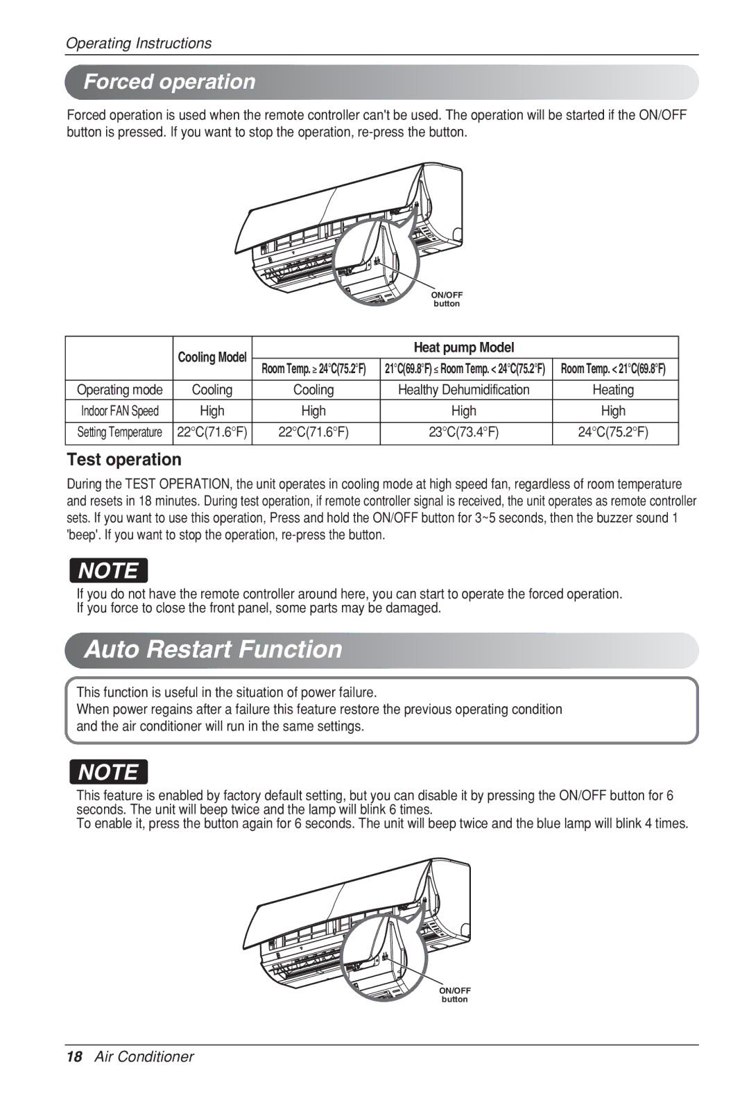 LG Electronics LSN, LSU-HSV2, HV2 owner manual Forced operation, Heat pump Model 