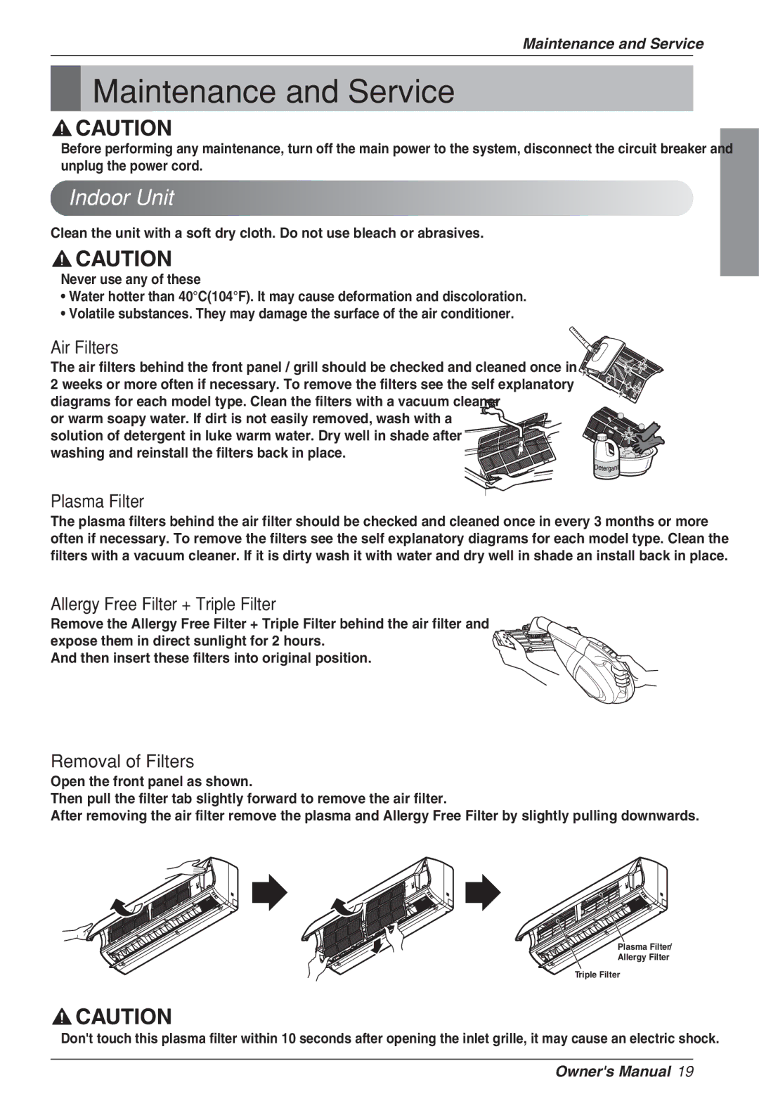 LG Electronics LSU-HSV2, LSN, HV2 owner manual Maintenance and Service, Indoor Unit 