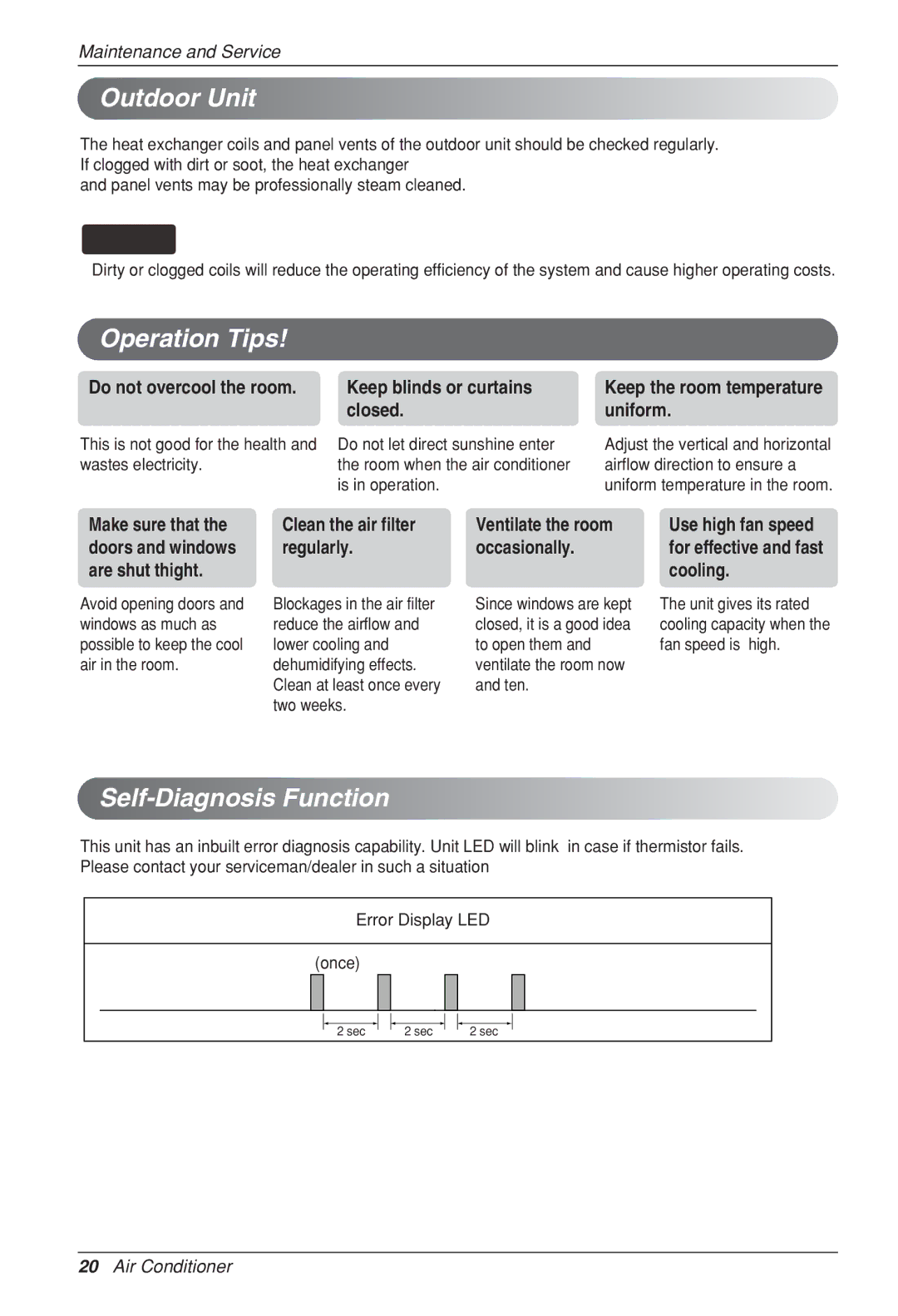 LG Electronics HV2, LSN, LSU-HSV2 owner manual Operation Tips, Self-Diagnosis Function, Wastes electricity, Is in operation 