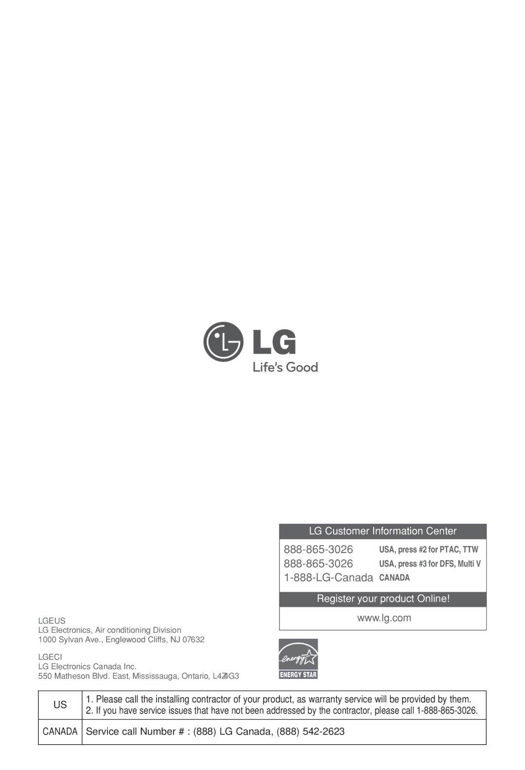 LG Electronics HV2, LSN, LSU-HSV2 owner manual LG-Canada Canada, Service call Number # 888 LG Canada, 888 