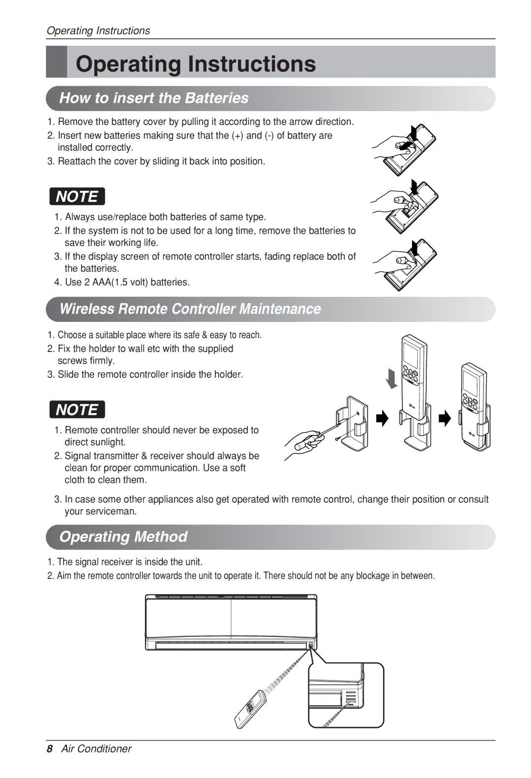 LG Electronics HV2, LSN Operating Instructions, How to insert the Batteries, Wireless Remote Controller Maintenance 