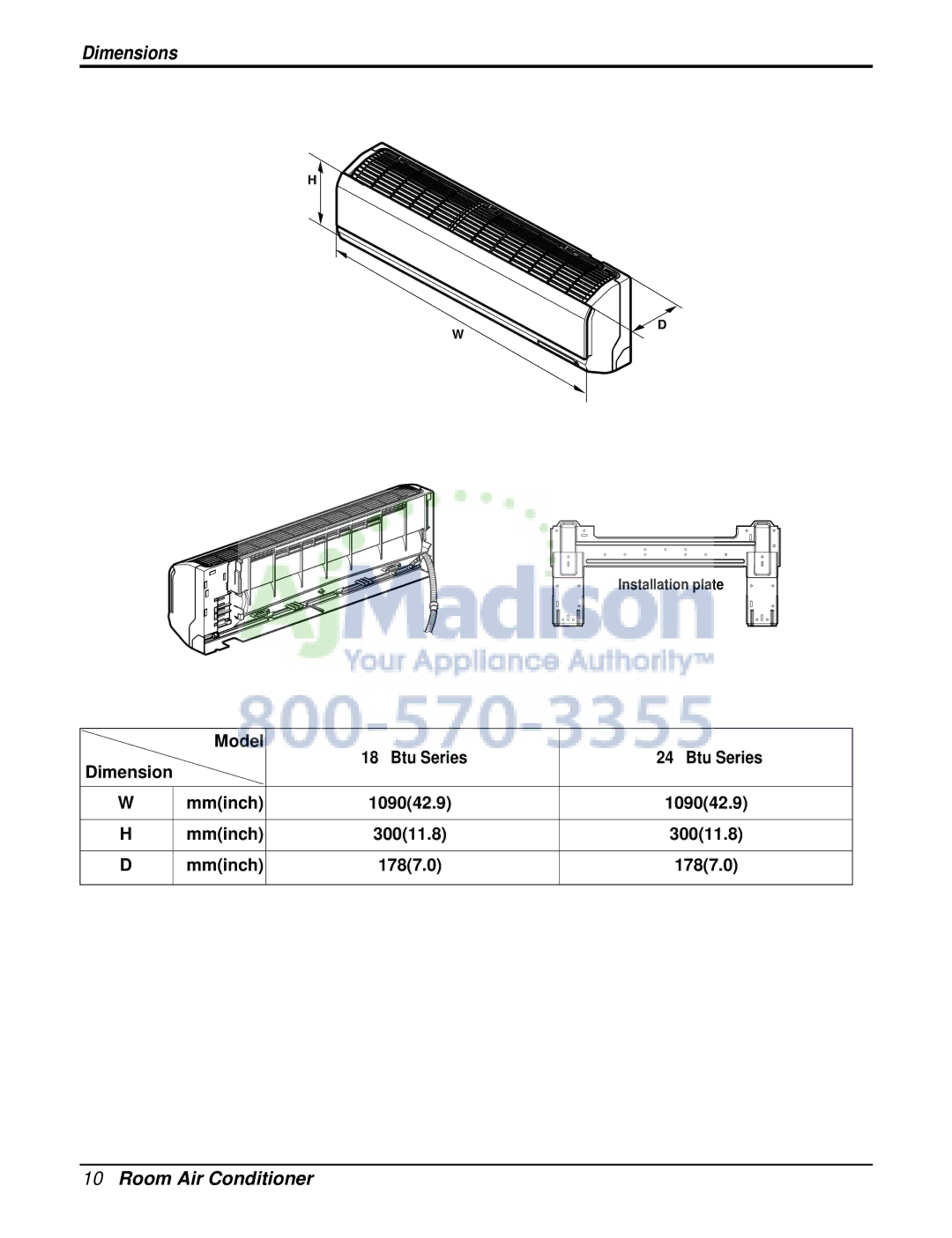 LG Electronics TRUE, LSN090CE, LSU120CE, LSU090HE, LSU090CE Model Btu Series Dimension Mminch 109042.9 30011.8 1787.0 