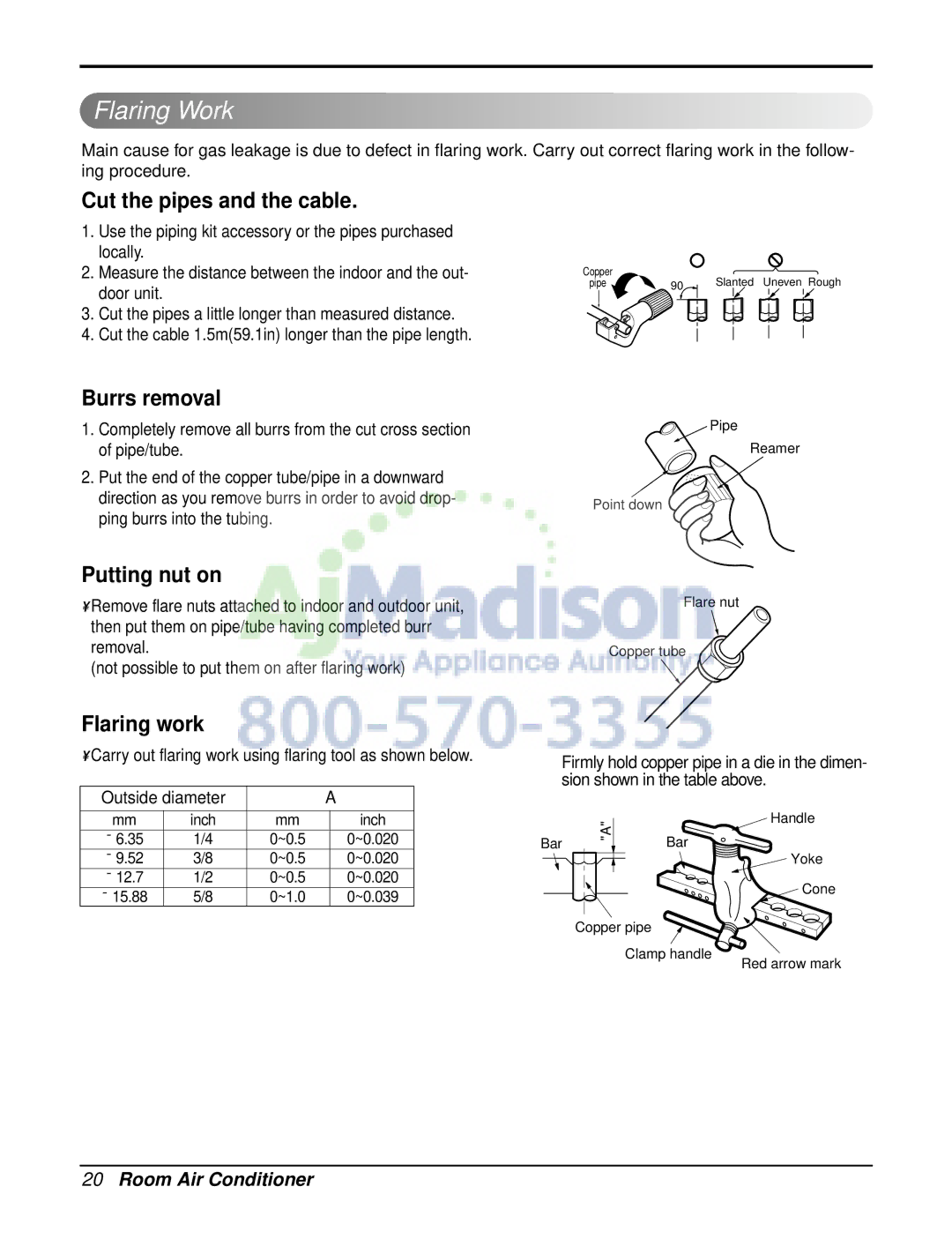 LG Electronics LSN120CE, LSN090CE Flaring Work, Cut the pipes and the cable, Burrs removal, Putting nut on, Flaring work 