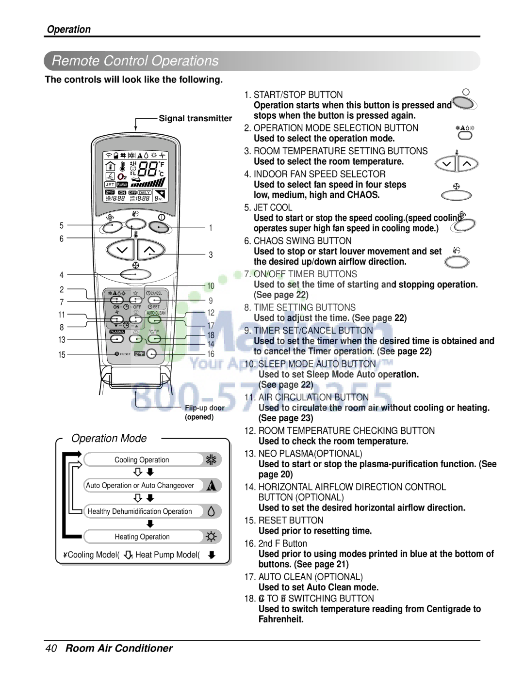 LG Electronics LSU180HE, LSN090CE, LSU120CE, LSU090HE, LSU090CE, LSN180CE, LSN120HE Remote Control Operations, Operation Mode 