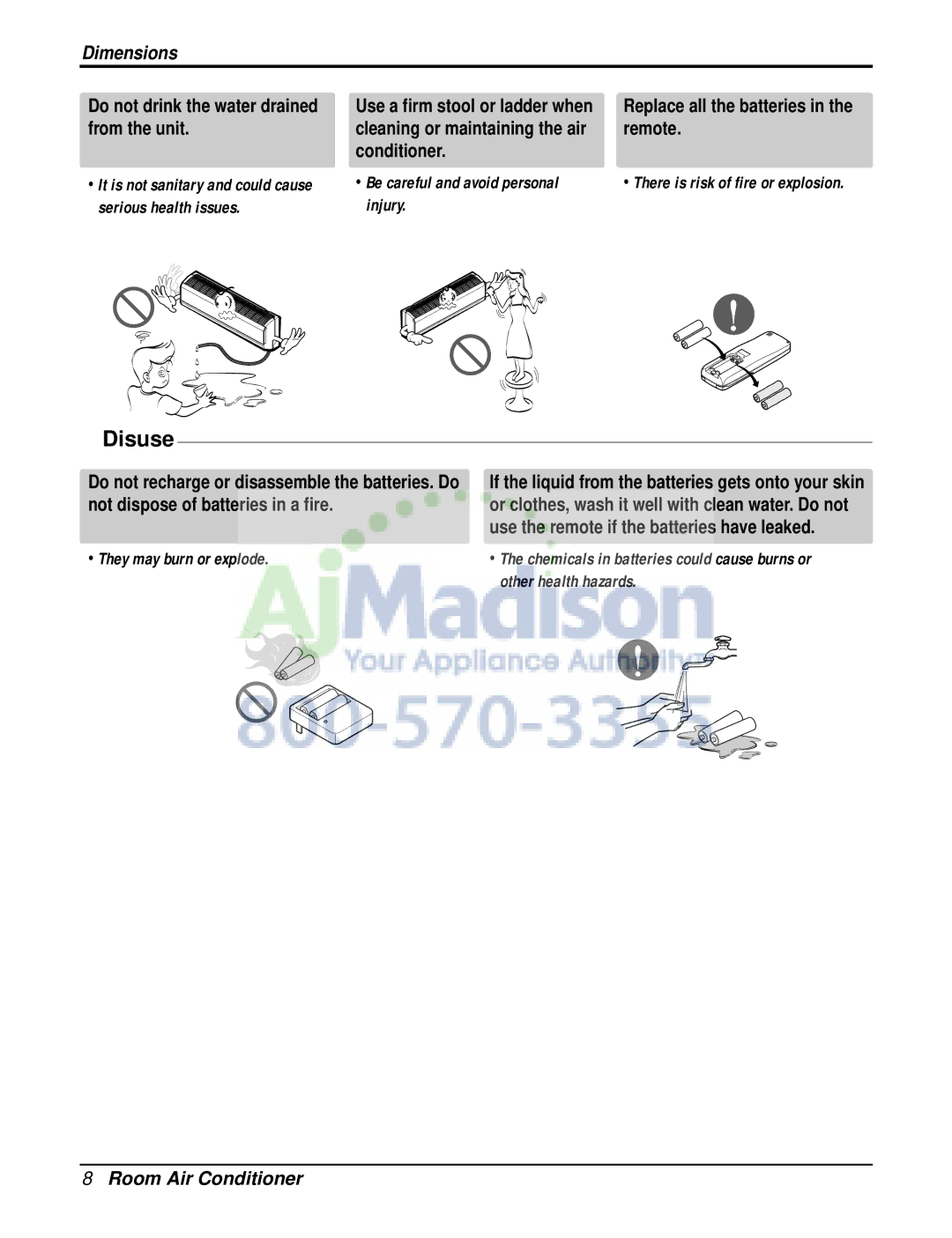 LG Electronics LSN240CE Disuse, Do not drink the water drained from the unit, Replace all the batteries in the remote 