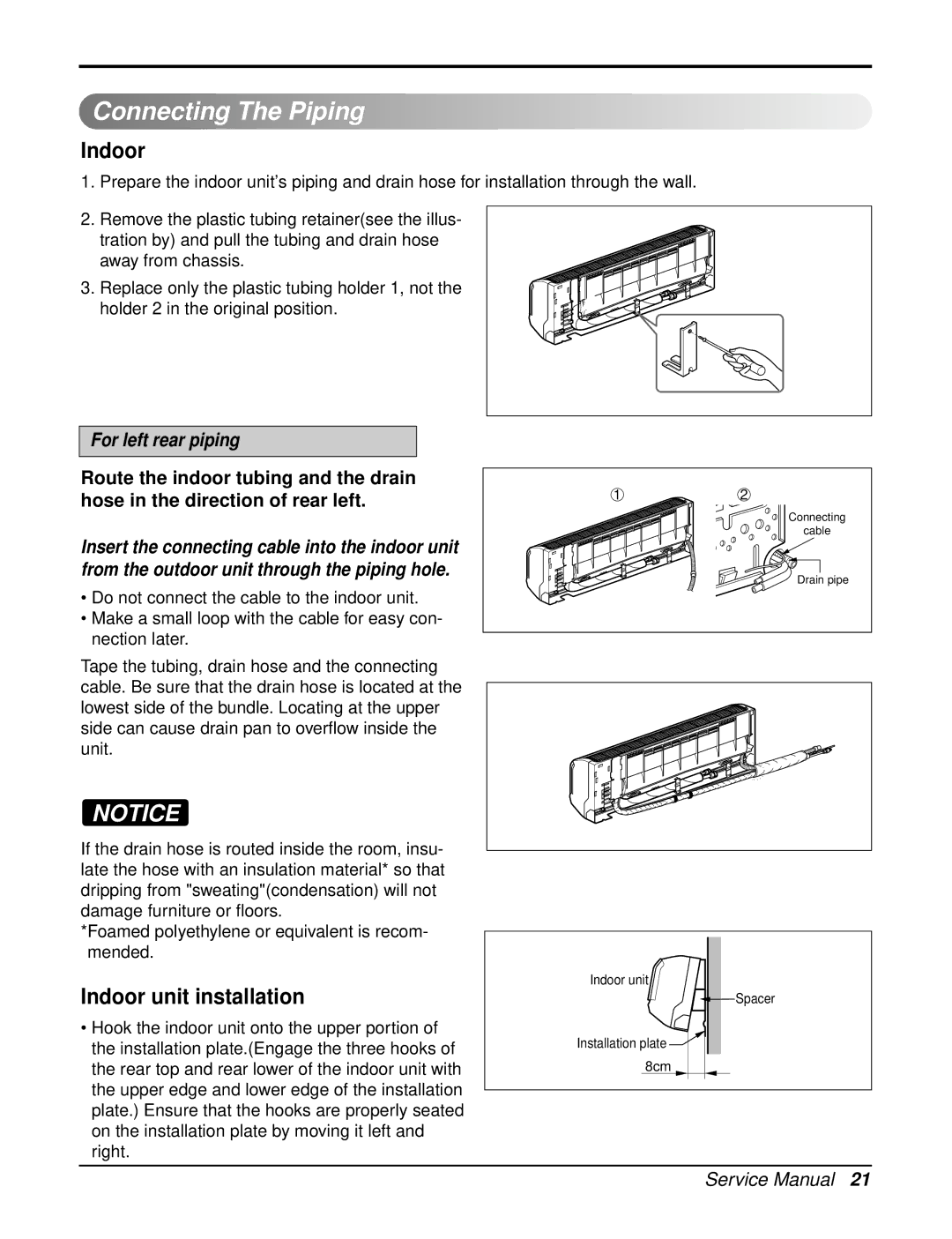 LG Electronics LSN180CE, LSN090CE, LSU120CE, LSU090HE, LSU090CE, LSN120HE Connecting The Piping, Indoor unit installation 