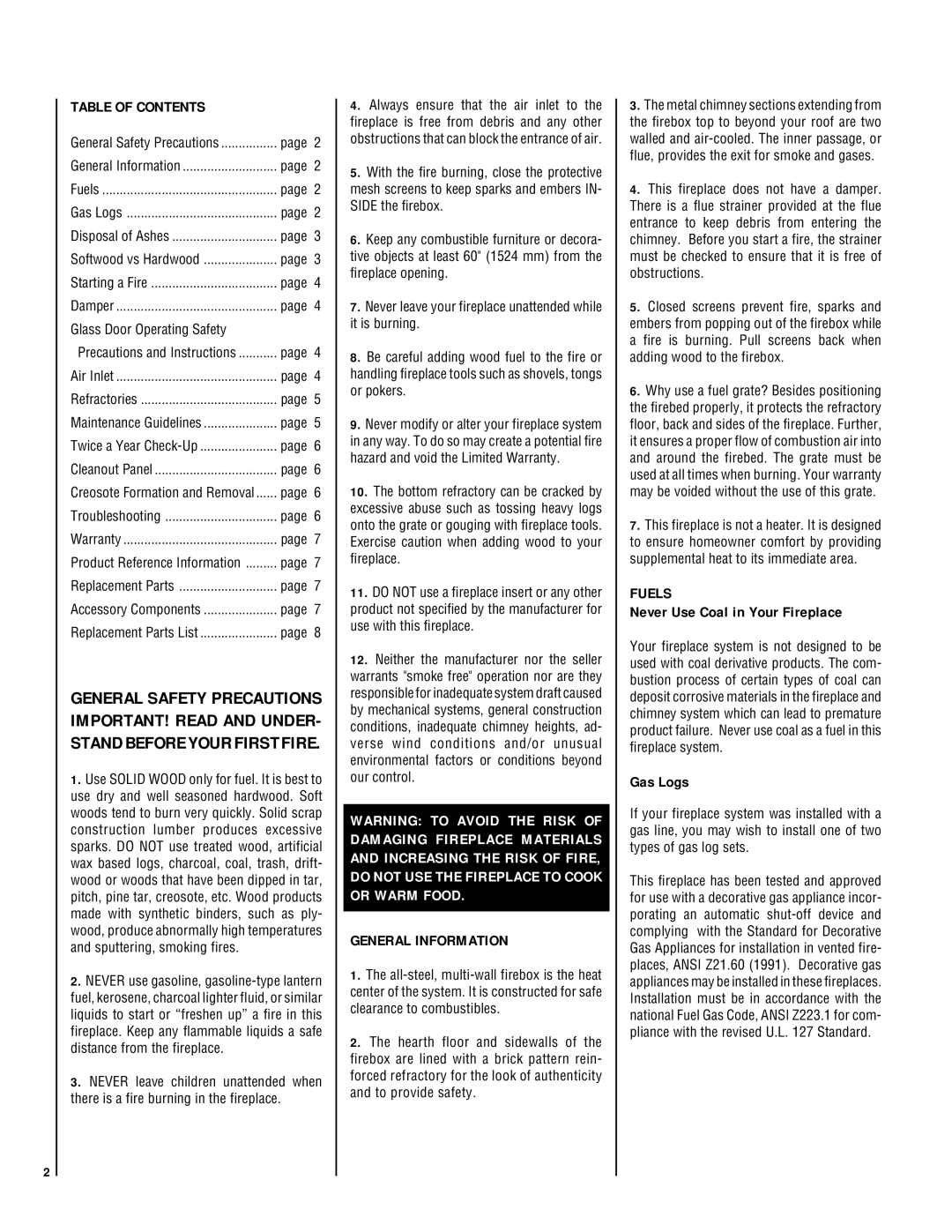 LG Electronics LSO-43 manual Table of Contents, General Information, Fuels 