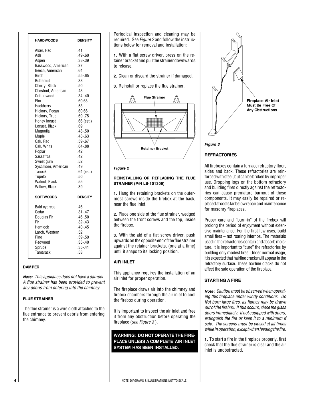 LG Electronics LSO-43 manual AIR Inlet, Refractories, Starting a Fire, Damper Flue Strainer 