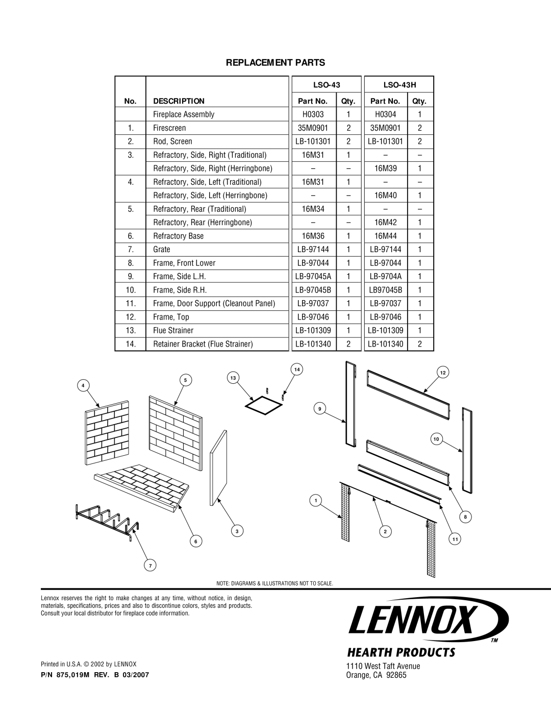 LG Electronics manual Replacement Parts, LSO-43 LSO-43H, Description, Qty, 875,019M REV. B 03/2007 