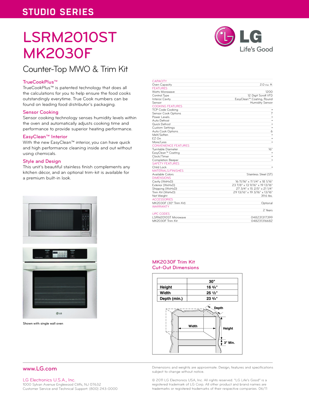 LG Electronics LSRM2010ST manual TrueCookPlus, Sensor Cooking, EasyClean Interior, Style and Design 